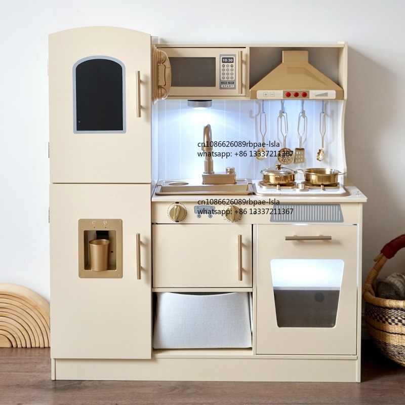 Kids Toys Kitchen Set - 교육용 나무 소꿉놀이 세트, 사실적인 조명과