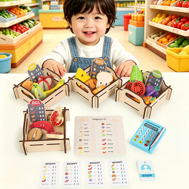 Toy Cash Register - 나무로 만든 슈퍼마켓 놀이 세트, 어린이